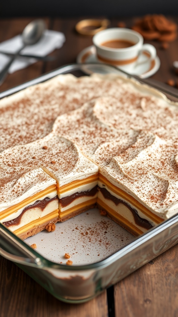 A 9x13 pan of tiramisu with layers of ladyfingers and mascarpone, dusted with cocoa powder, on a wooden table.